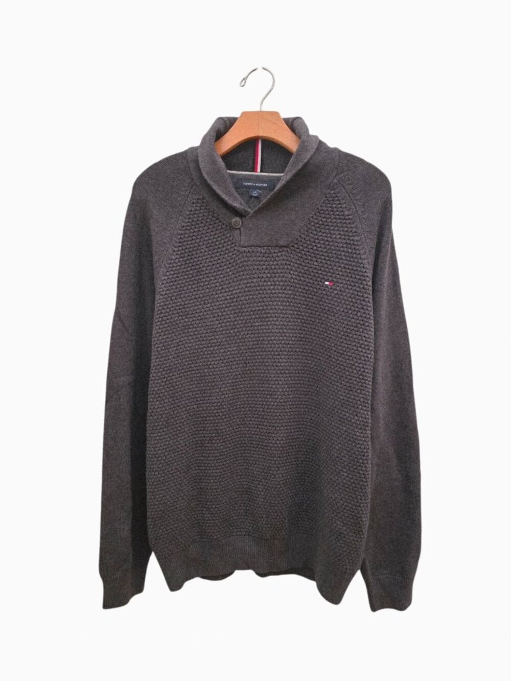 Tommy Hilfiger Waffle Knit Shawl-Collar Pullover Cotton Sweater Gray Men's Sz L